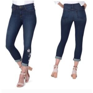 NYDJ Alina Ankle Jeans Size 4 | Floral Embroidered Dark Wash‎ Cropped Denim